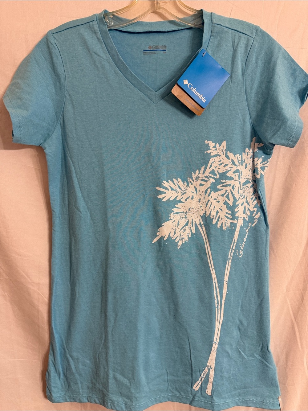 Columbia Women's Light Blue V-Neck Tee with White Palm Graphic